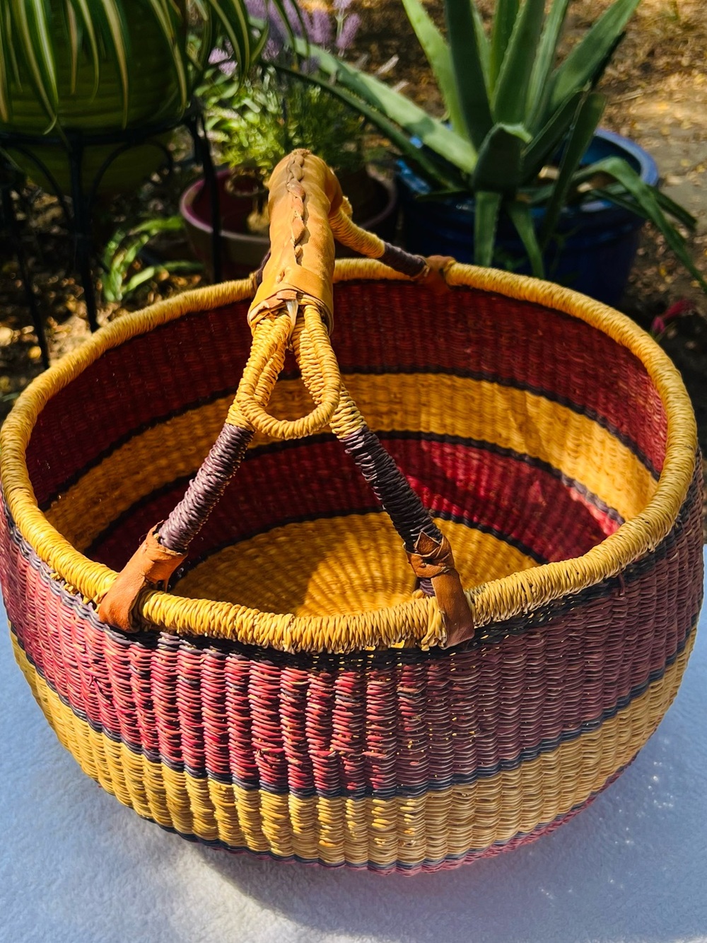 Handwoven Natural Tan Plum Round West African Bolga Market Basket Leather Handle